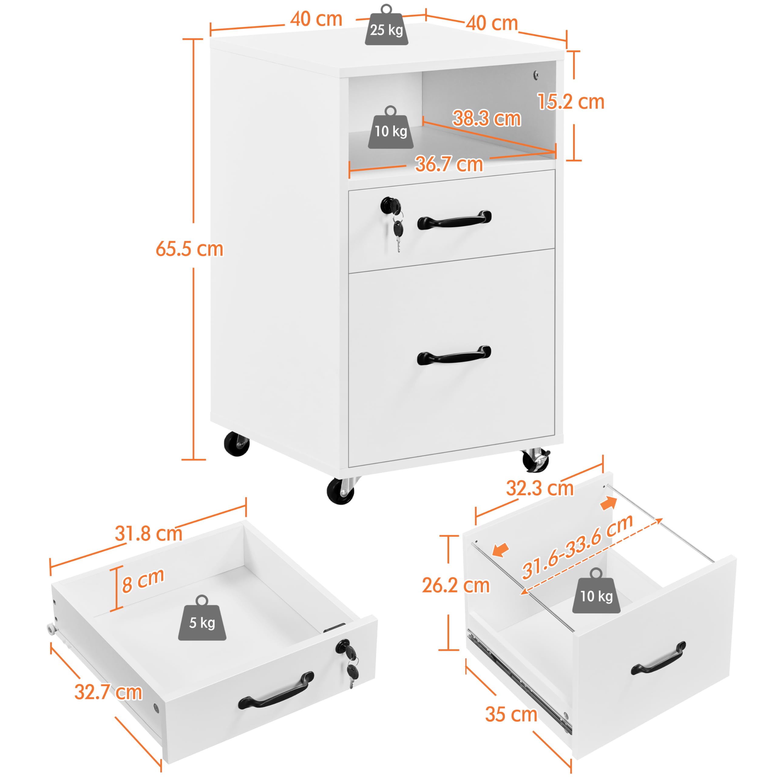 Yaheetech Armadietto da Ufficio e Studio Schedario da Archivio con 2 Cassetti e Ruote Mobile con Ripiano Aperto 40 x 40 x 65,5 cm Mobiletto Portadocumenti A4 Bianco