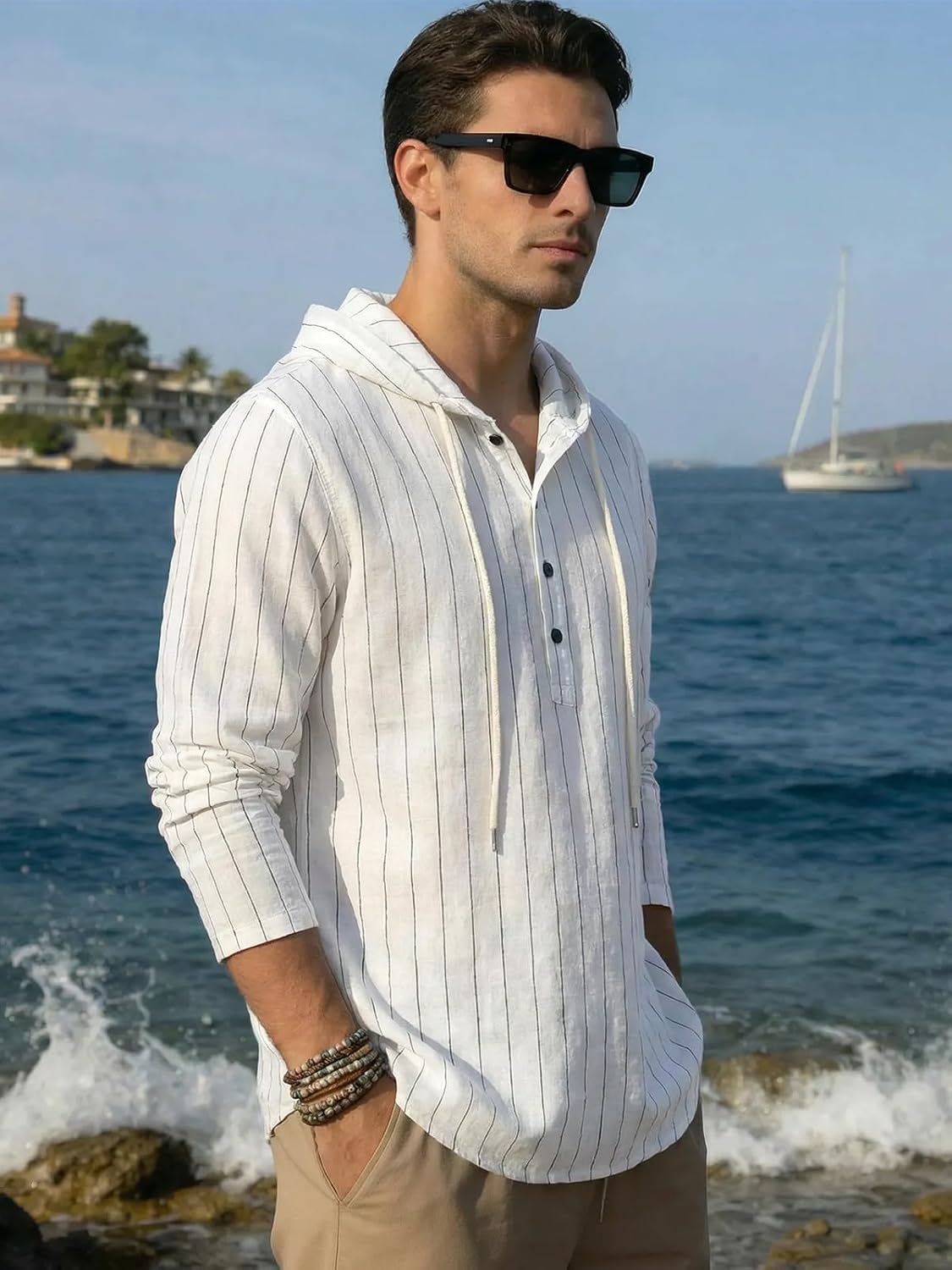Mens Cotton Linen Hoodies Long Sleeve Button Down Shirts Casual Hawaiian Beach Yoga Sweatshirts