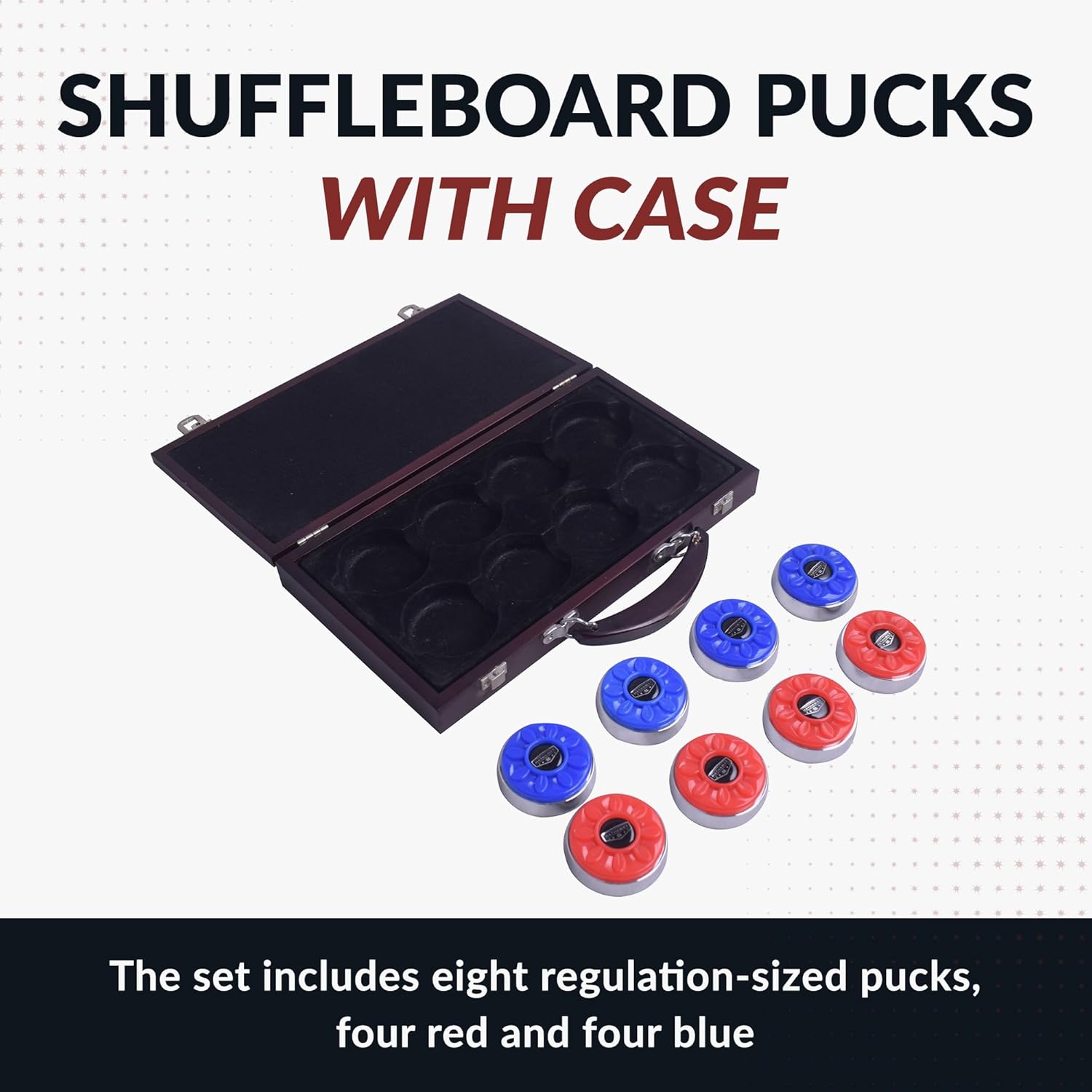 Hathaway Pro-Series Shuffleboard Puck Set – Set of 8 Regulation 2.312-in Pucks with Dimpled Tops, Beveled Edges & Wooden Storage Case – Red/Blue