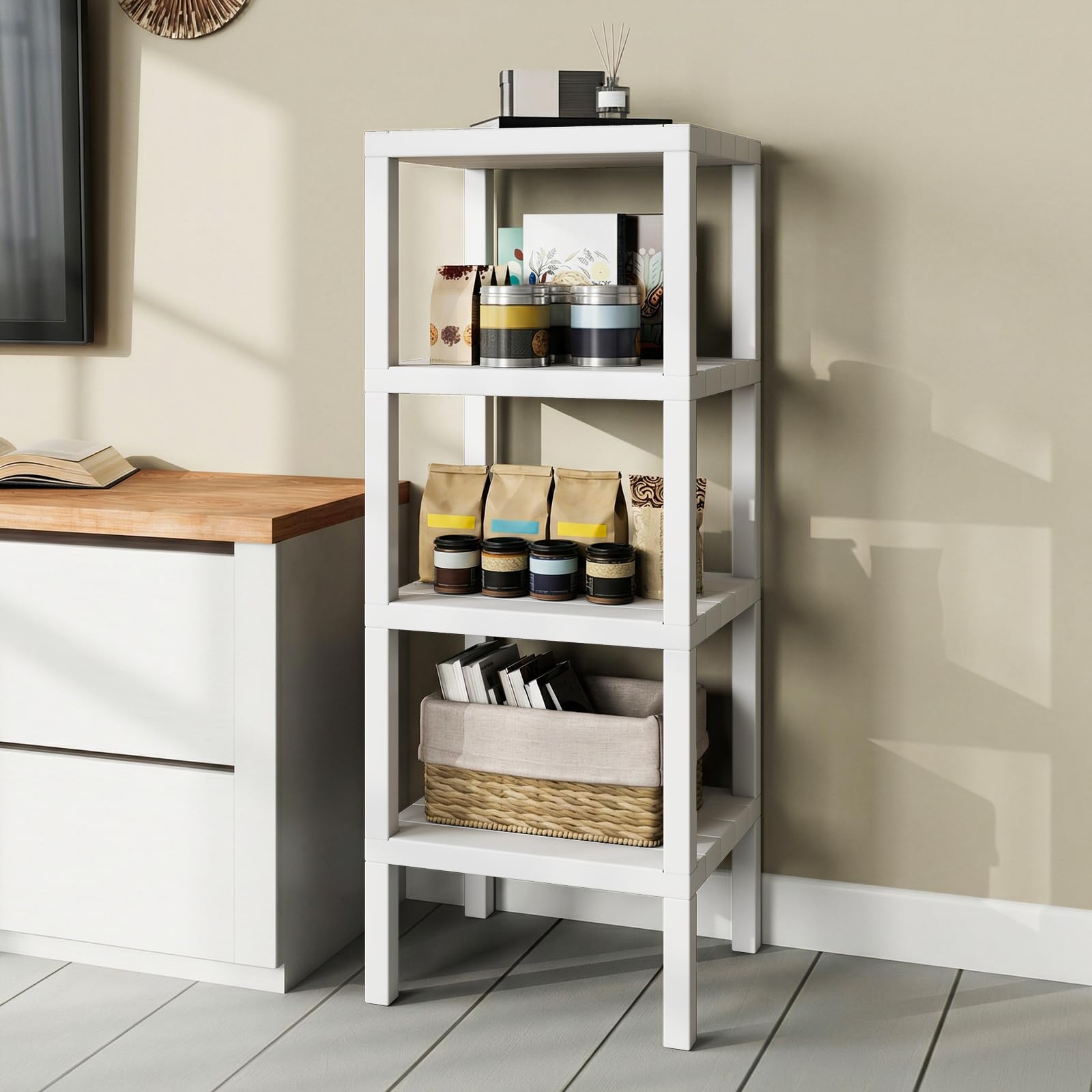 COSTWAY Scaffale di Stoccaggio a 4 Ripiani, Mobiletto Scaffale in Plastica Autoportante, Unità Organizzatrice Stretta per Bagno Cucina Soggiorno, 38x32,5x99 cm (Bianco)