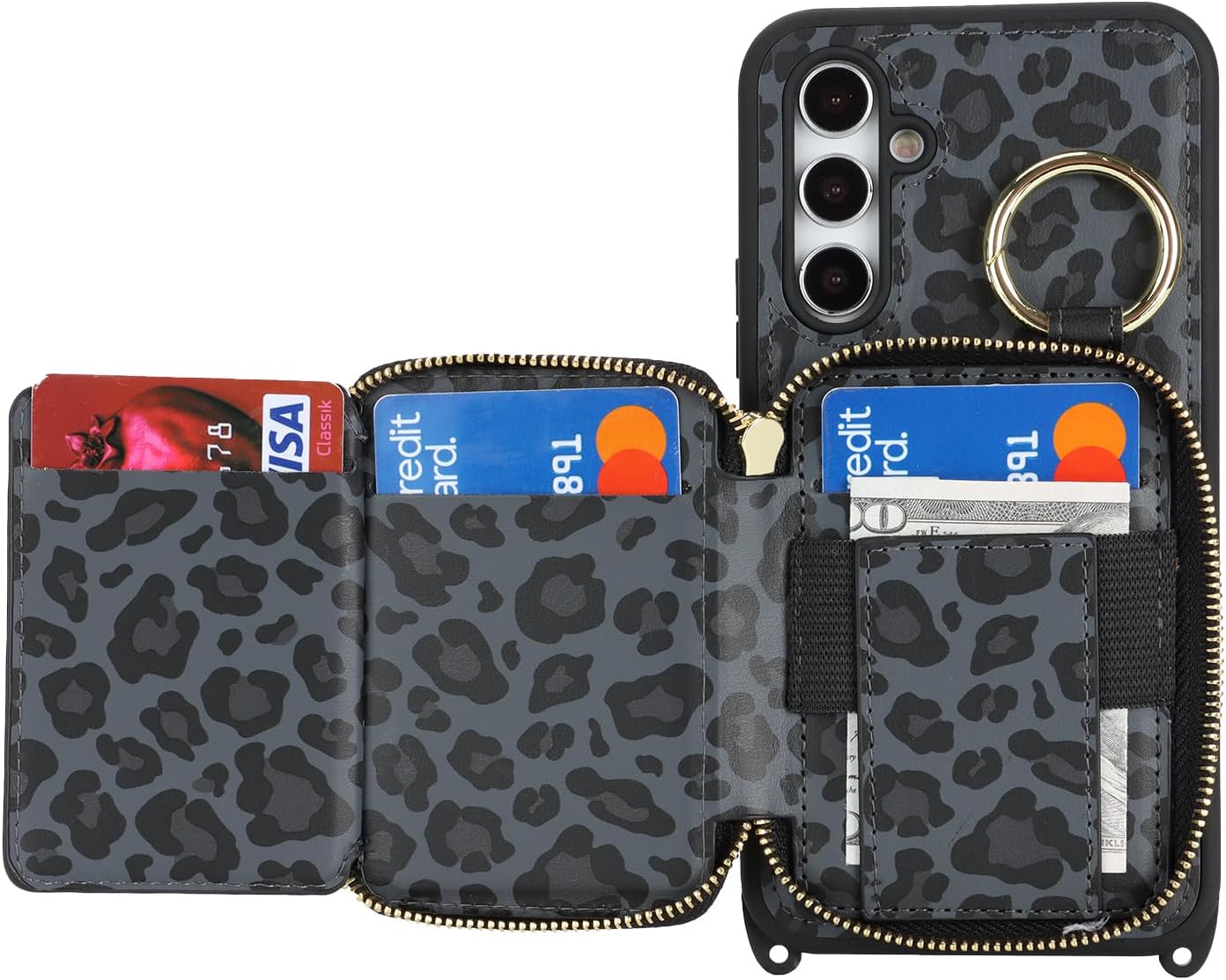 Crossbody Wallet Case for Galaxy A54 5G, PU Leather Zipper Handbag Purse Flip Cover, Kickstand Folio Case with Card Slots Holder Wrist Strap Lanyard -Black Leopard