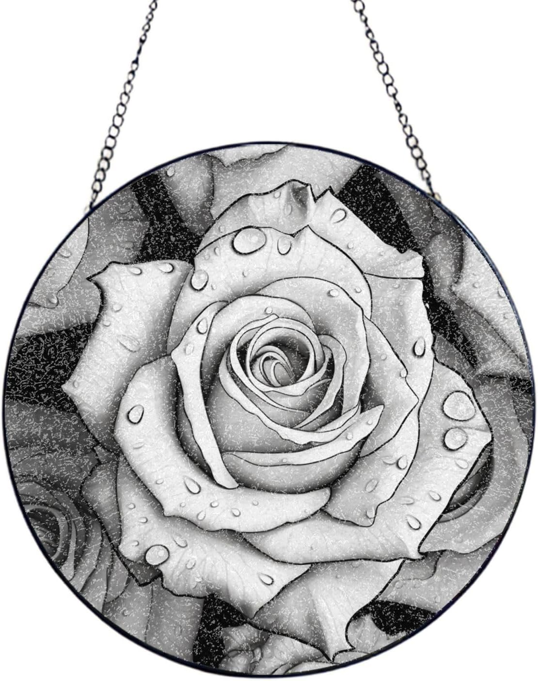 Stained Glass Window Hanging 4in（10cm）, Black White Rose Sun Catchers Indoor Window, Stained Glass Suncatcher Ornament with Metal Chain, Wall Art Home Decor Gift for Women Mother's Day