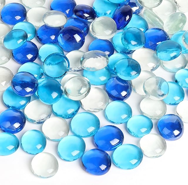 VGOODALL Clear Round Glass Pebbles, 100 Approx. 0.45 KG Fill 0.3 L Vol. Premium Blue Mixed Color Flat Stones Aquarium Marbles Decorative Nuggets Vase Filler Beads Table Scatter Gems