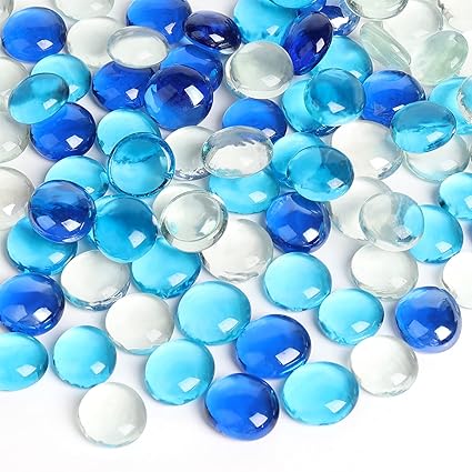 FuturePlusX Flat Glass Marbles 1lb, 100PCS Fill 0.3L Vol Blue Mixed Color Flat Gems Aquarium Pebbles Vase Filler Beads Table Scatter D?cor