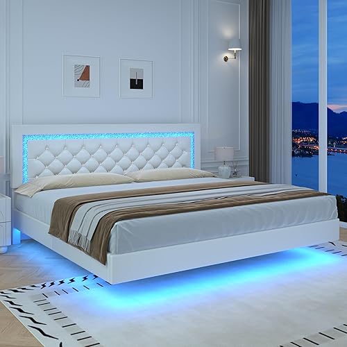 Miniatura 15 de BarnFurin Marco de cama flotante Full con luces LED, cama plataforma tapizada con cabecera capitonada de diamante, no necesita somier, sin ruido,