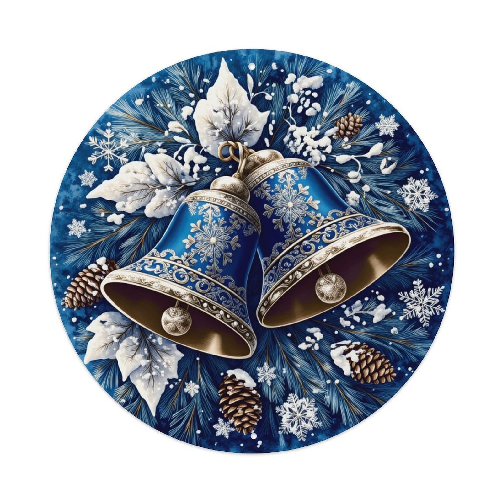 Blue Bells Snowflakes Pinecones Leaves Round Tin Sign Vintage Metal Poster, Home Bar Garage Man Cave Cafe Indoor & Outdoor Wall Decoration 8x8Inches