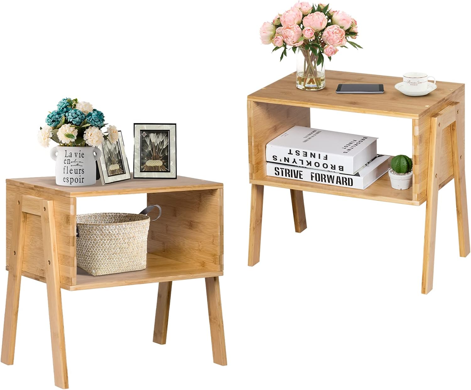 GORELAX Bamboo Nightstands Set of 2, Stackable Bedside Table w/Open Storage Shelf, Narrow Rectangular Rustic Wood End Tables for Small Space, Bedroom, Living Room