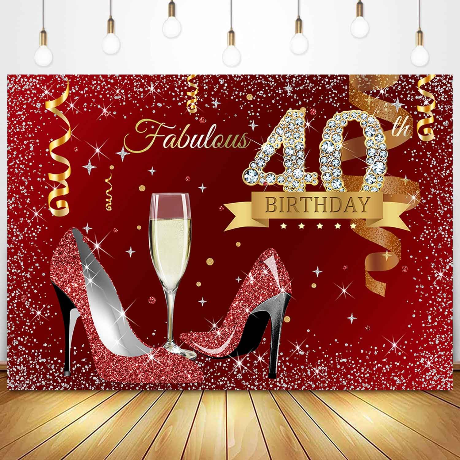 Sensfun Red Happy 40th Birthday Backdrop for Women Gold Confetti Sparkle High Heels Champagne Photo Background Fabulous 40th Birthday Decorations