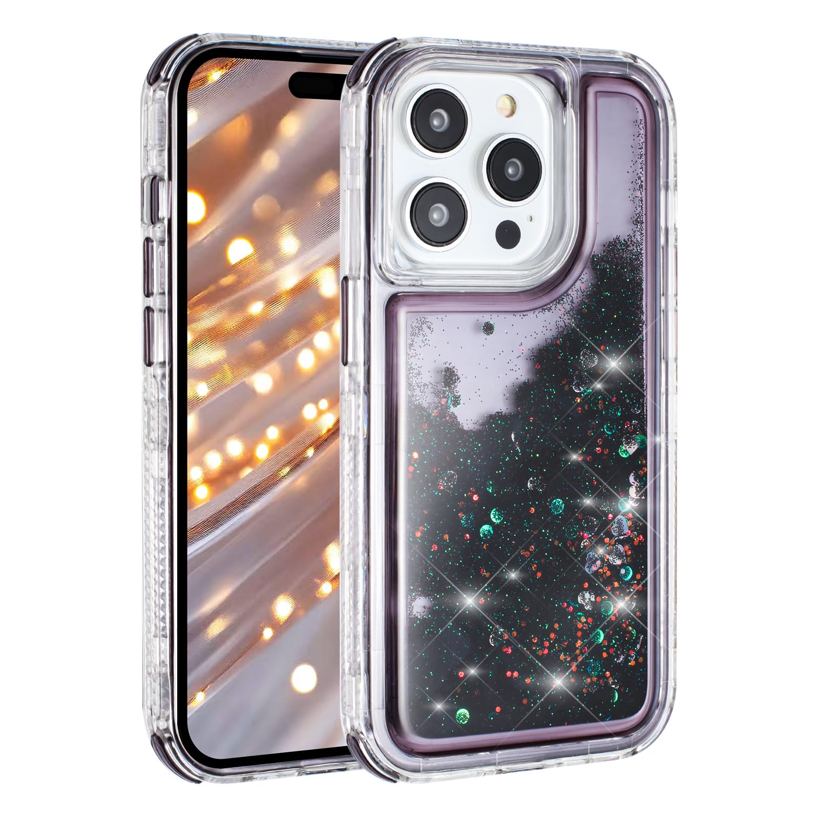 Tikoo Designed for iPhone 15 Pro Case Glitter for Women Girl Clear 3-in-1 Heavy Duty Protective Phone Cover with Floating Liquid Quicksand Bling