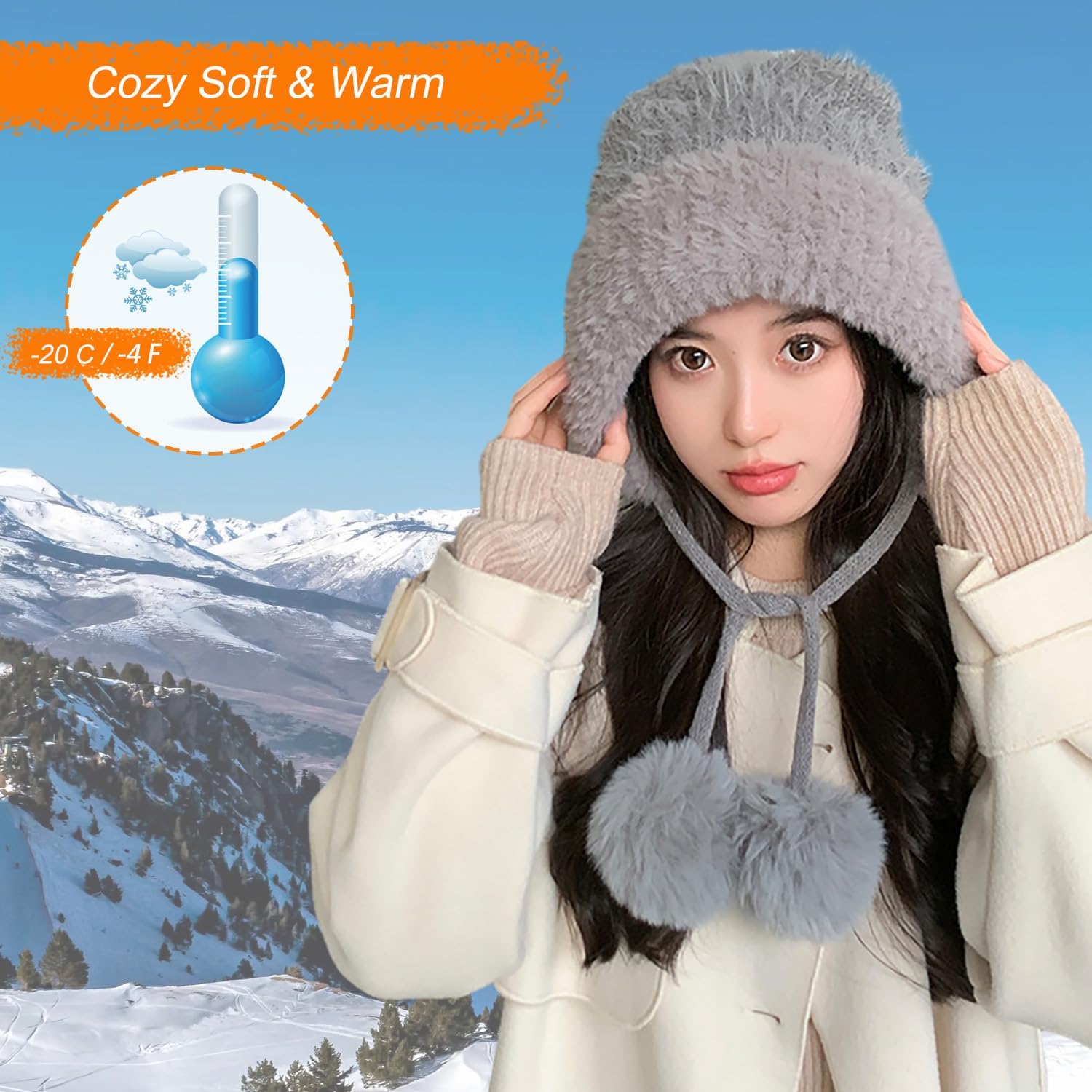 HUAMULAN Women Winter Sherpa Beanie Hats Knit Ear Flaps Peruvian Cover Ears Fleece Lined Ski Snow Hat Pompoms - Image 7
