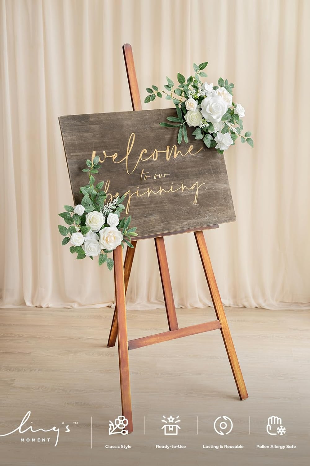 Ling's moment 2pcs White Wedding Artificial Floral Swag Welcome Sign Flowers Backdrop Garland Green for Ceremony Reception Door Wall Easel Home Decoration Entryway Faux Outdoor Board Table Decor