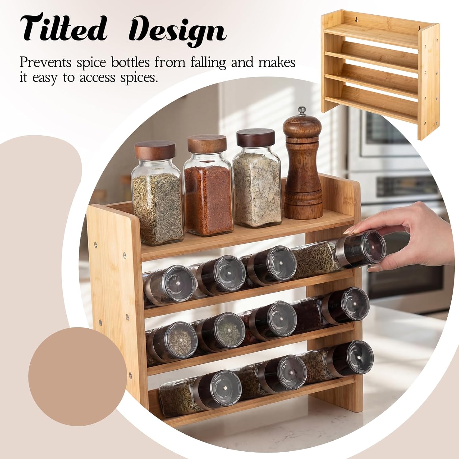 Gerrii 4 Tier Bamboo Spice Rack Organizer - Wall Mount or Countertop, Space Saving Spice Jar Storage Shelf for Cabinet & Pantry, Fits 20+ Jars, Easy Access, 12.2x13.4x4.3 Inches, Jars Not Included