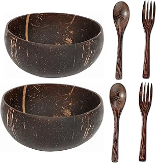 Amazon.co.jp: 朝食、サービング、デコレーション、パーティー用の6個のココナッツボウルとスプーンフォーク、ベガンスムージーボウル、アサイボウル、サラダボウル : ホーム＆キッチン