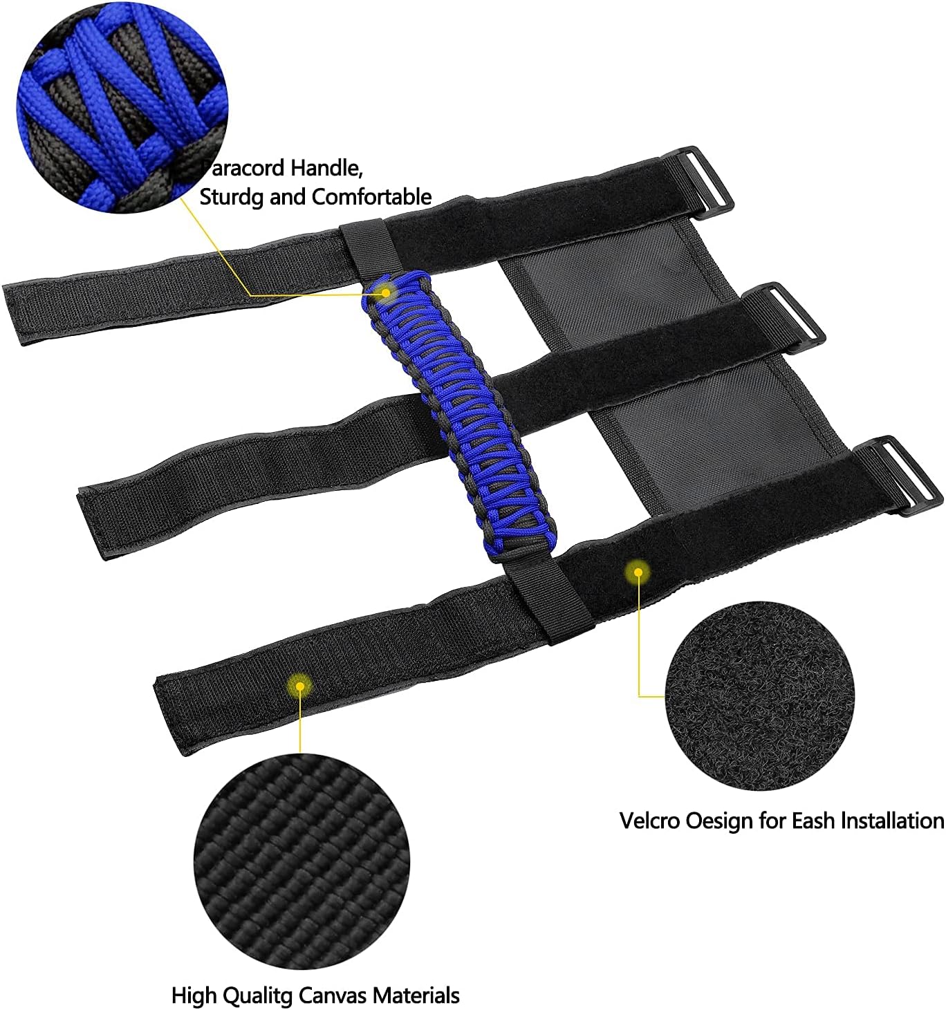 2x Blue Roll Bar Grab Handles Grip Handle for Jeep Wrangler Paracord Handle | Fit YJ TJ JK JK JL Sports Sahara Freedom Rubicon Unlimited X Gladiator JT 1955 to 2026 UTV ATV Interior Accessories