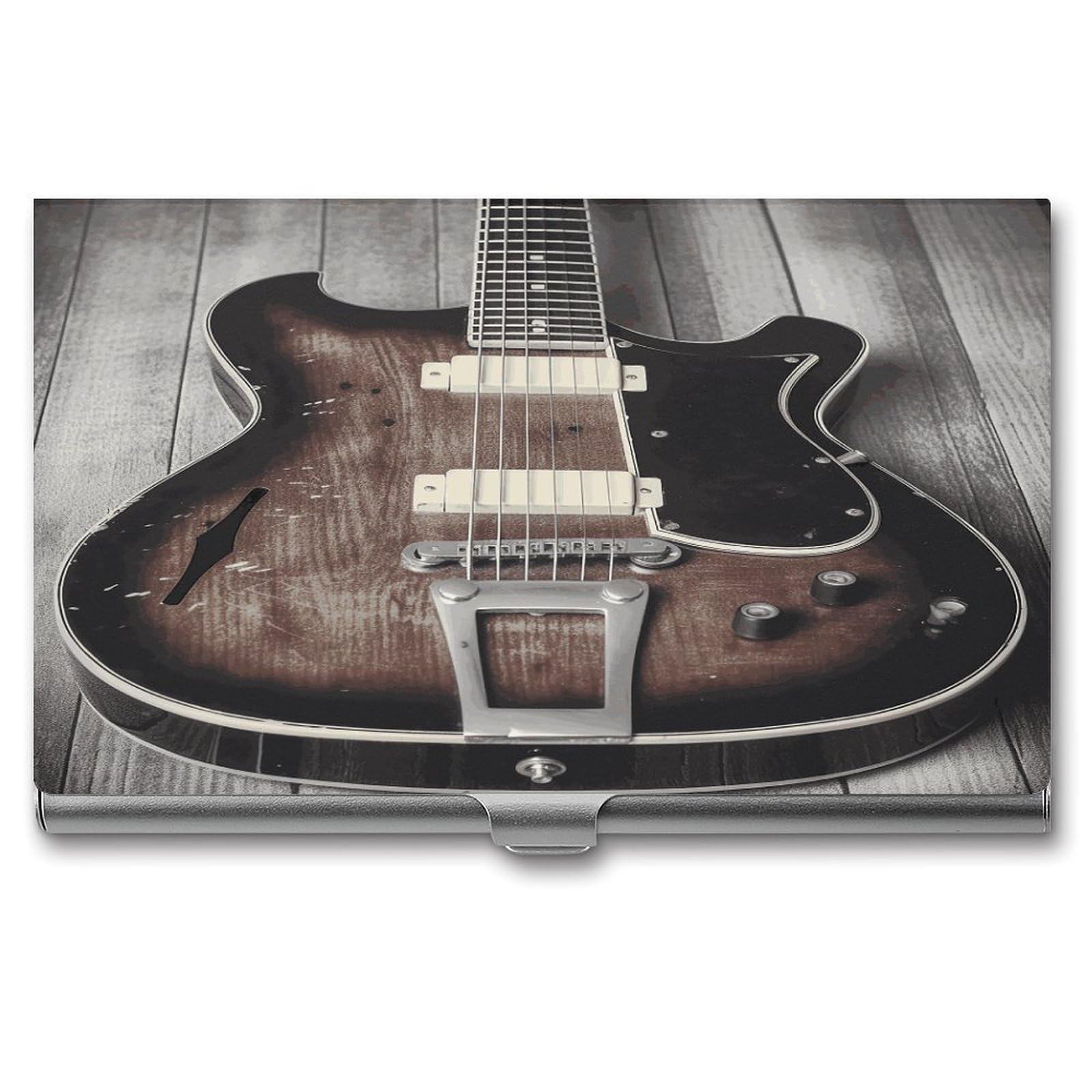 LDGSUPH Vintage Guitar Business Card Holder Fashion Slim Name Card Holder Minimalist Design Case Metal Card Carrier Personalized Business Card Case with Flip for Men Women