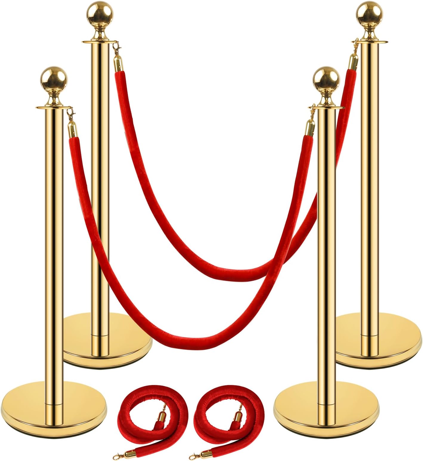 Gold Stanchion Post,38 Inch Stanchion Posts Queue with 5 ft/1.5 m Red Velvet Rope,Hollow Base and Ropes Safety Barriers Set,Crowd Control Barriers Queue Line Rope for Theater Party