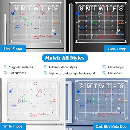 Miniatura 5 de Calendario magnético acrílico para refrigerador y tablero de notas, refrigerador, pizarra mensual de borrado en seco, pizarra blanca de