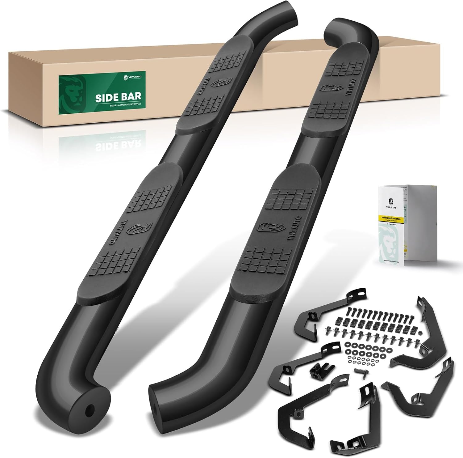 YHTAUTO 4 Inch Running Boards Side Steps Compatible with Chevy Silverado & GMC Sierra 1500/2500/2500 HD/3500 HD 2007-2018, Crew Cab, Oval Bent Ends Carbon Steel Black Powder, Truck Cab Side Step Rails