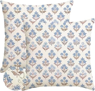 RABUSOFA Blue Floral Pillow Covers 20x20 Inch Set of 2 Outdoor Waterproof Decorative Throw Pillows for Home Spring Summer Decor Couch Patio Funiture Garden Vintage Flower