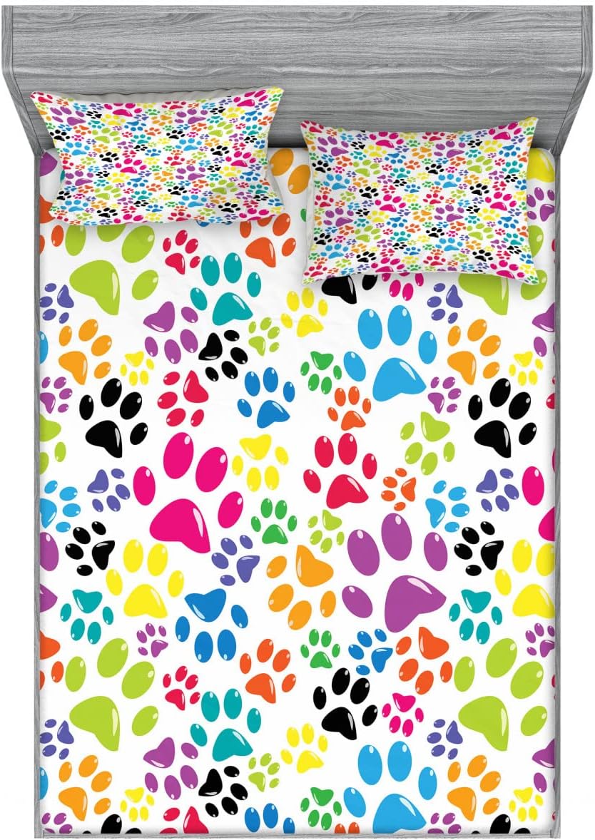 Ambesonne Dog Fitted Sheet & Pillow Sham Set, Colorful Little Paws Steps Art Cartoon Unusual Traces Design, Decorative Printed 6 Piece Bedding Decor Set, Queen, Blue Purple
