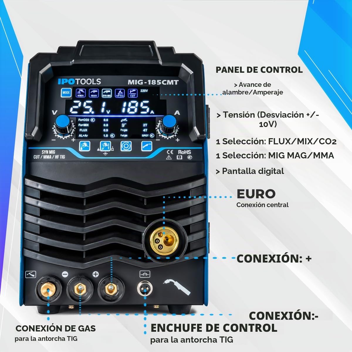 IPOTOOLS Estación de soldadura combinada MIG-185CMT Estación de soldadura 7 en 1 TIG MIG MAG con cortador de plasma 45 A Synergic Inverter Estación de soldadura 185 A con FLUX | 230V | 7 años de
