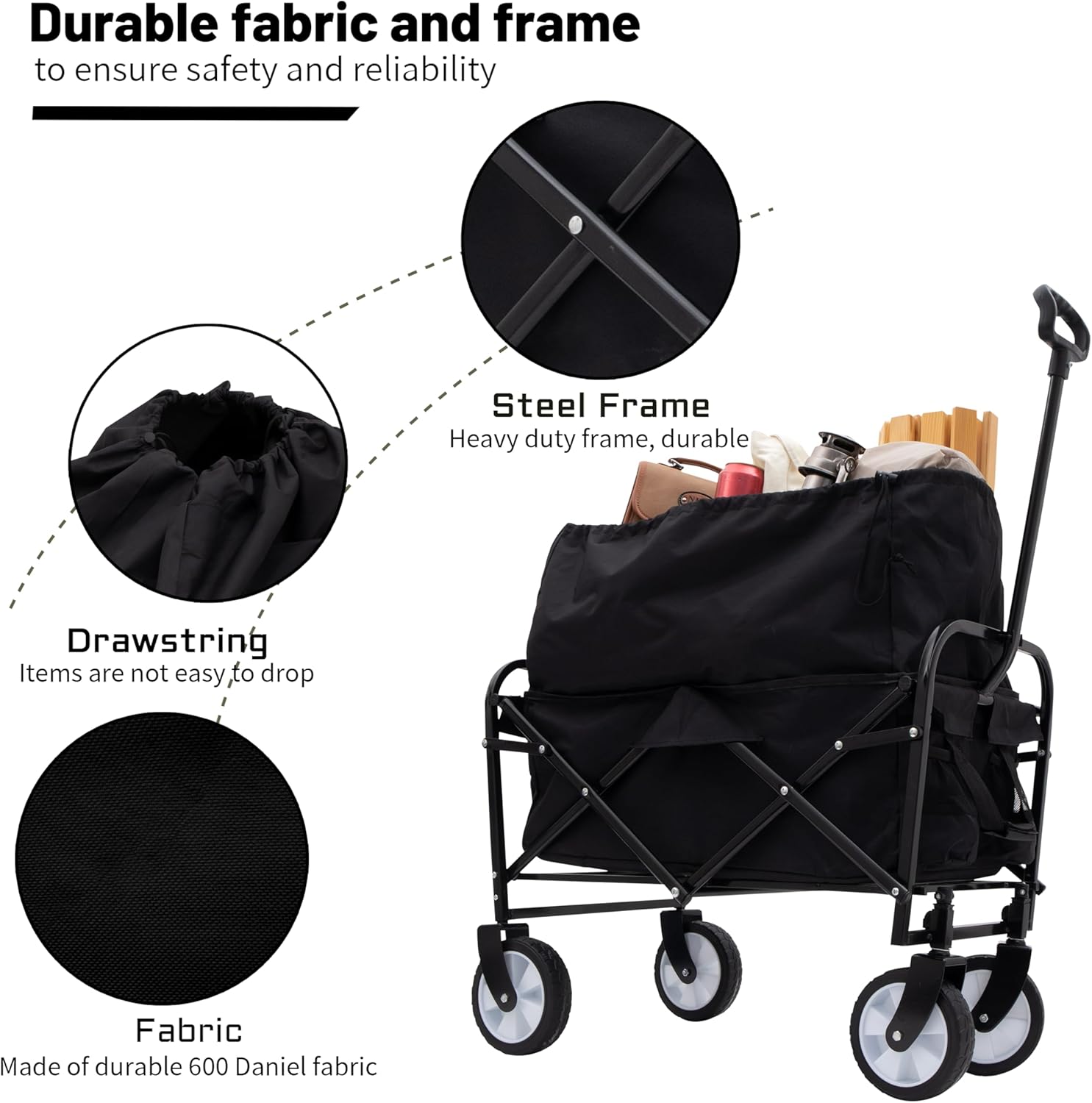 Collapsible Wagon Cart, Heavy Duty Foldable Utility Cart with All-Terrain Wheels and Dual-Layer Storage, Supports 225lbs Foldable Wagon Cat with Ergonomic Handle for Beach Camping Grocery Garden