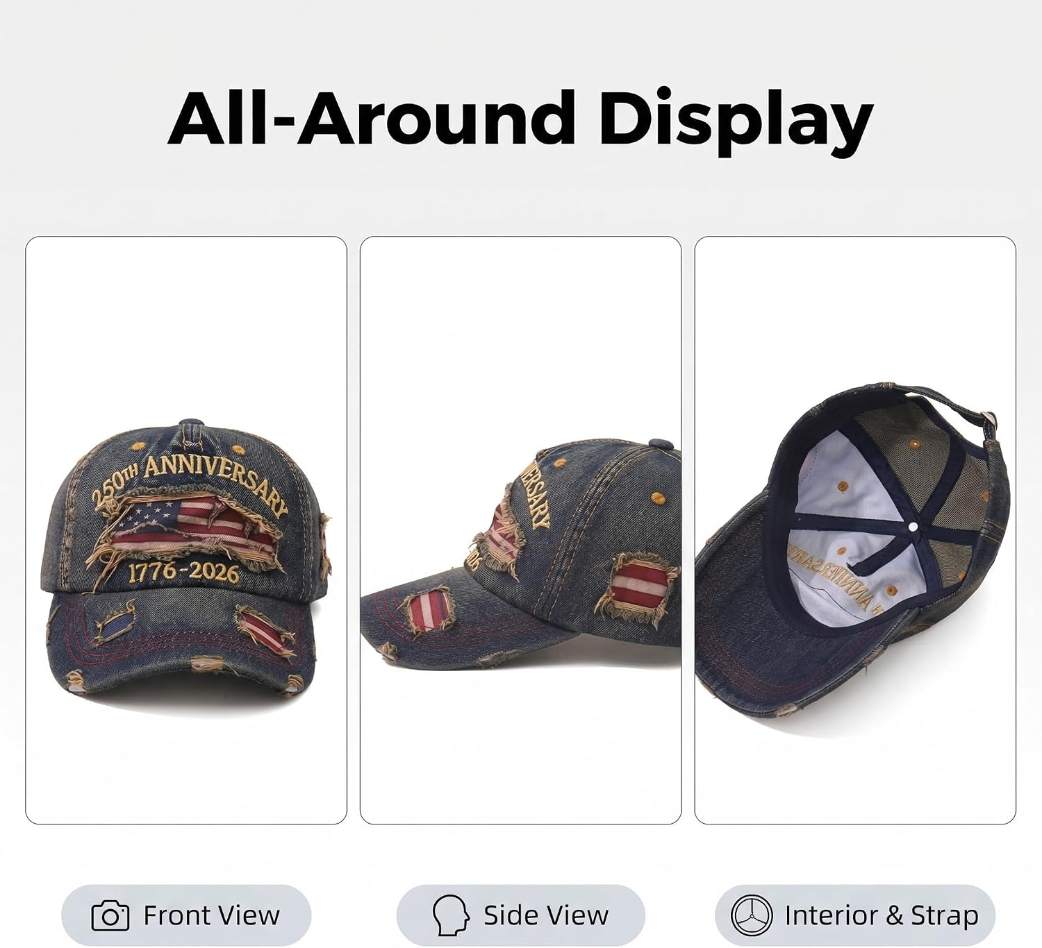 250th Anniversary USA Hat 1776-2026 Patriotic Baseball Cap, Retro Embroidered Adjustable 250 Year Independence hat