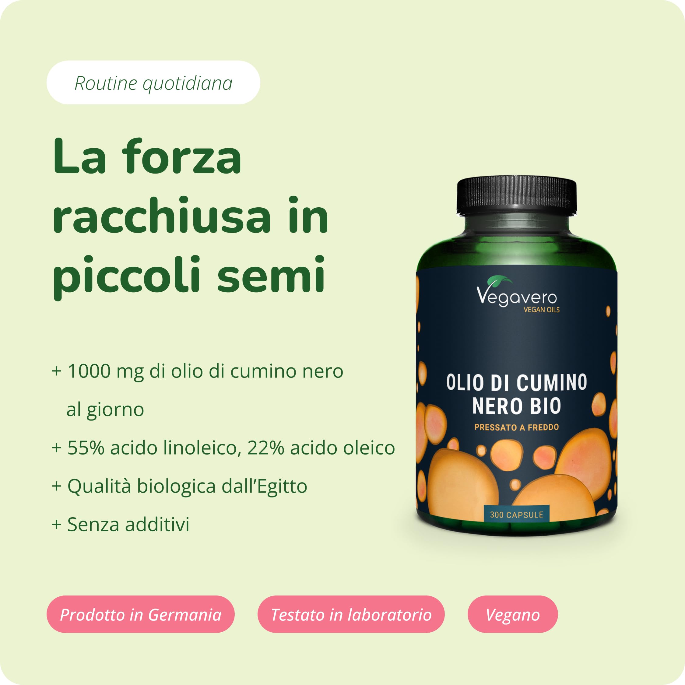 Olio di Cumino Nero BIO | 1000 mg | con Vitamina E | 55% di Acido Linoleico, 22% oleico e 0,2% di timochinone | Nigella Sativa Spremuta a Freddo | 300 capsule | Vegan | Vegavero®