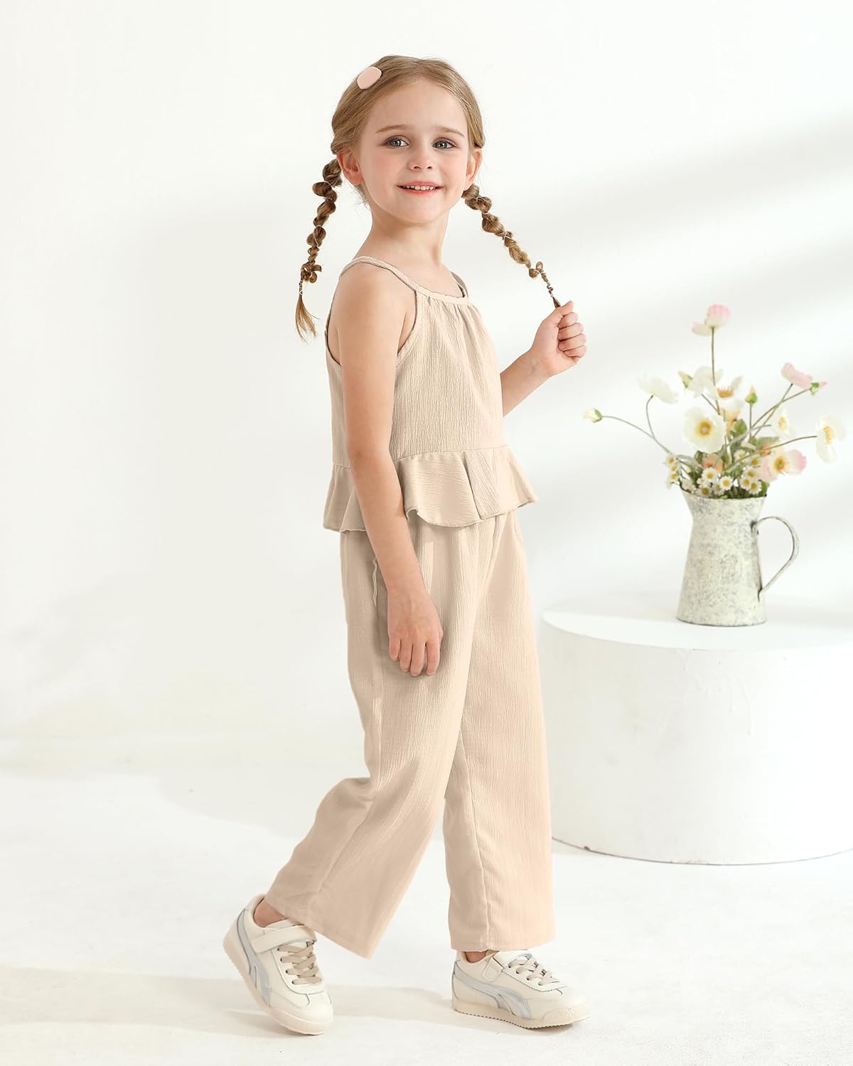 Kucnuzki Baby Girl Clothes Toddler Girl Summer Outfits Sleeveless Ruffle Halter Tops Wide Leg Pants Kids Clothing Set - Image 3