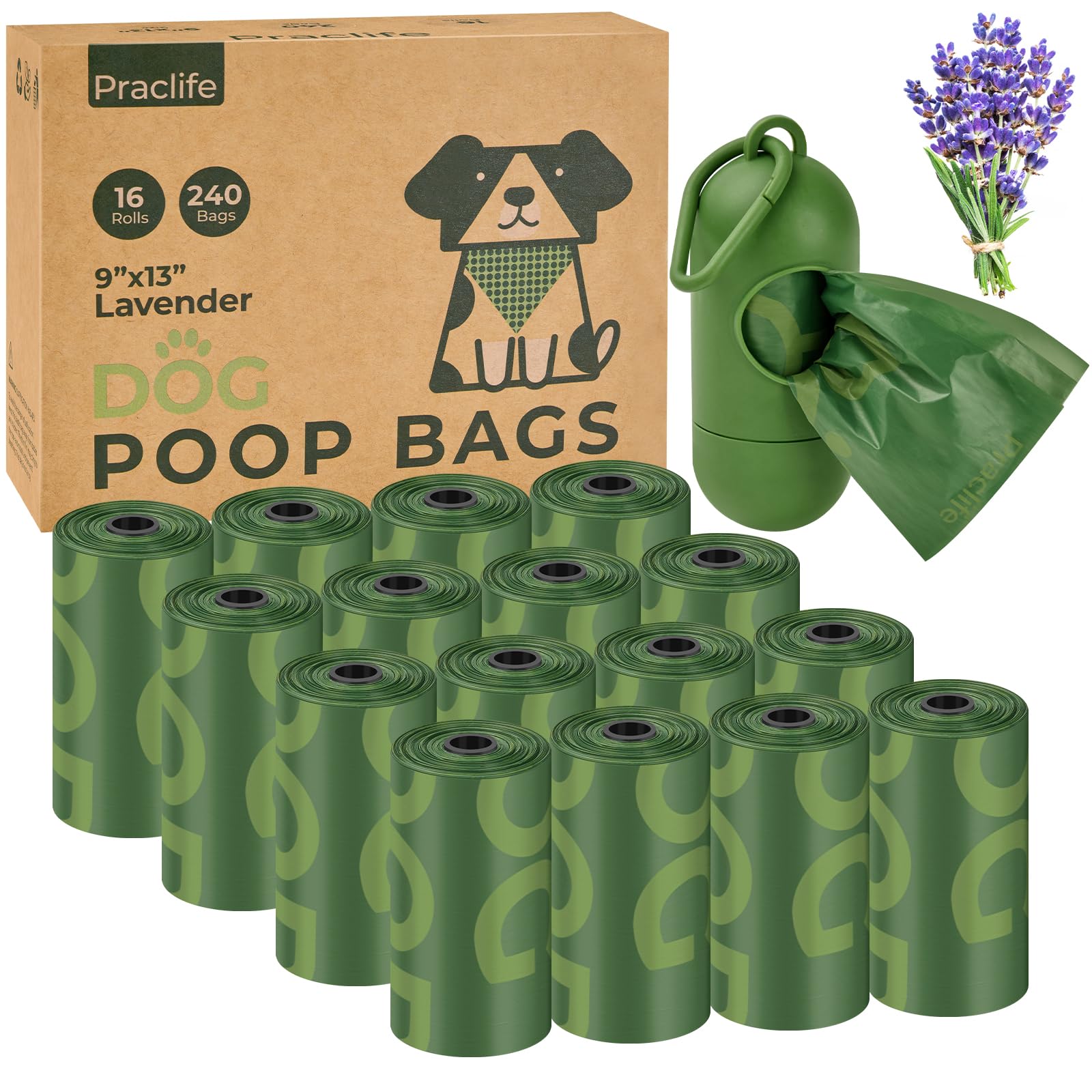 Praclife Biodegradable Dog Poo Bags Rolls with Holder, 240pcs Extra Thick Leak Proof Compostable Poop Waste Bags with Dispenser for Outdoor Walking, Puppy Essential (Green)