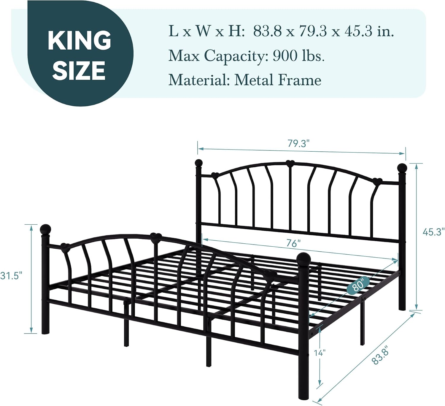 HOOMIC 14 Inch King Size Heart Shaped Metal Platform Bed Frame with Headboard and Footboard, Under-Bed Storage Space, Noise-Free Mattress Foundation, No Box Spring Needed, Easy Assembly, Black