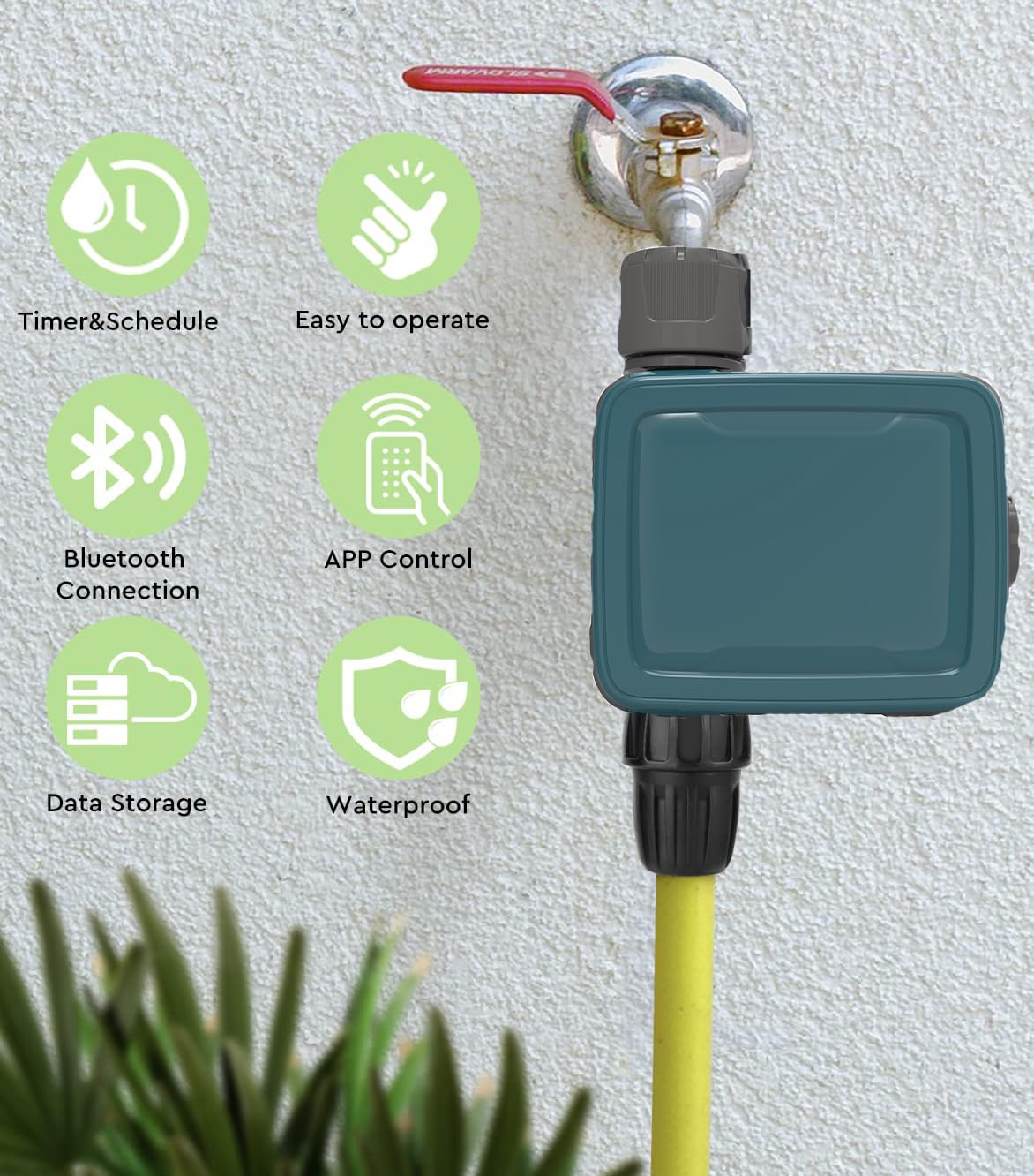Icons representing features: Timer & Schedule, Easy to operate, Bluetooth Connection, APP Control, Data Storage, Waterproof