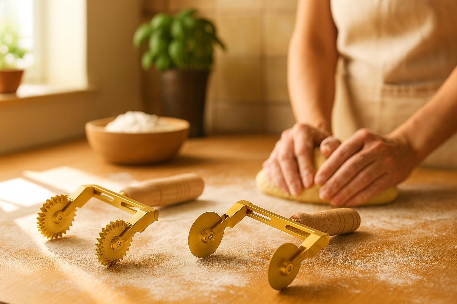 LA GONDOLA Set 2 pz Rotella Tagliapasta Doppia Regolabile Liscia e Rotella Doppia Regolabile Festonata a Stella in Ottone ed Impugnatura Legno, Prodotto Artigianale Made in Italy