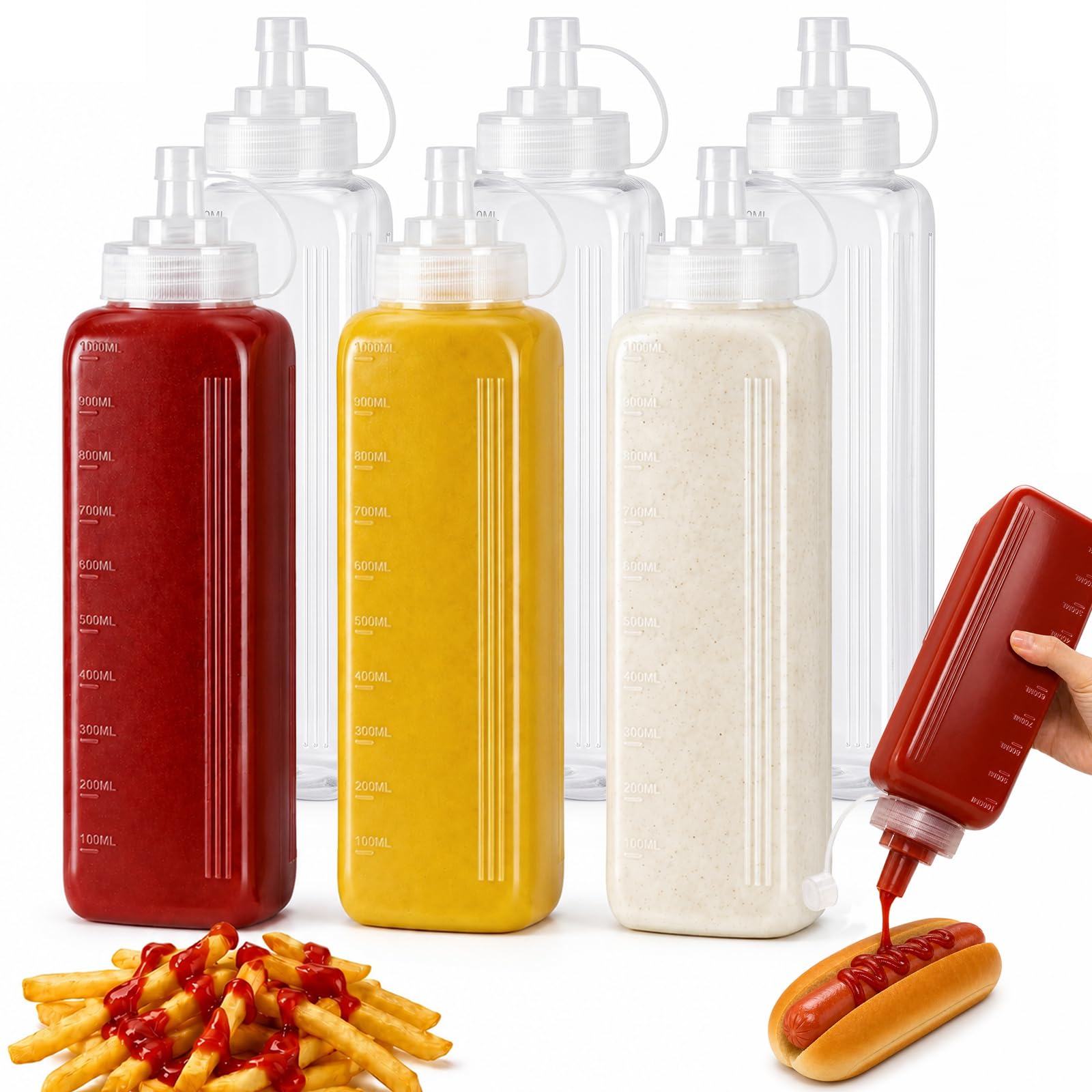 OAMCEG Sauce Squeeze Bottles,6 Pack 1000ml Squeezy Plastic Condiment Bottle