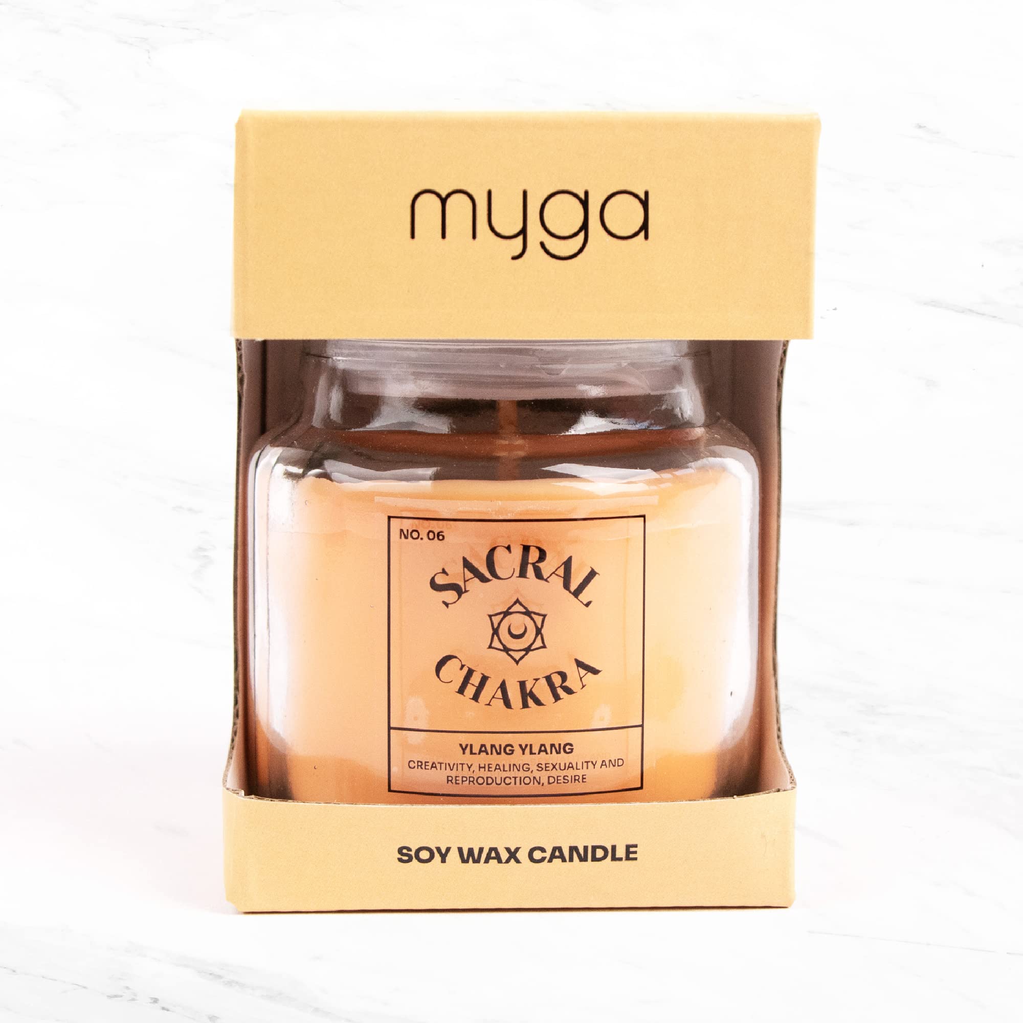 Myga RY1300 Candela Profumata Chakra Sacrale con Cera di Soia al Profumo di Ylang Ylang - Creatività, Guarigione, Riproduzione e Desiderio - Arancione