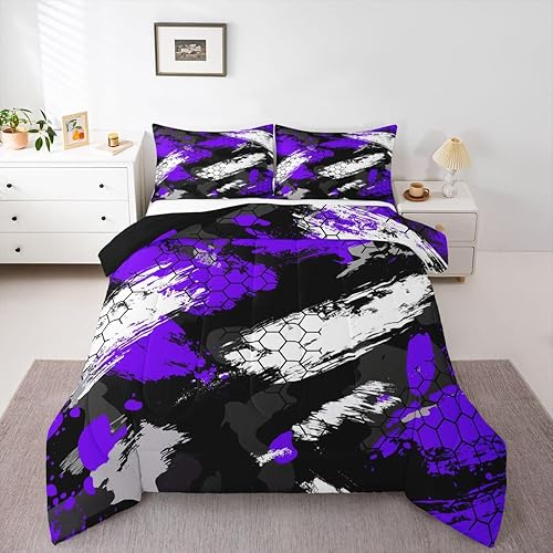 Juego de edredón de panal de abeja, juego de ropa de cama de camuflaje negro y morado, geométrico, ejército, edredón de plumón abstracto, colmena