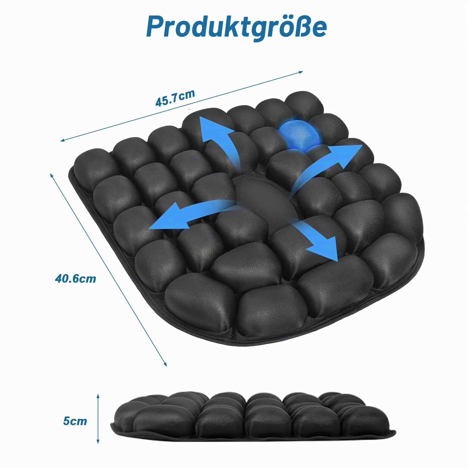 Antidekubitus Sitzkissen, Aufblasbares Ergonomisches Sitzkissen mit 3D Luftzellen für Steißbein Entlastung bei Langem Sitzen, für Bürostuhl, Autositz, Rollstuhl, Reise (45x40cm, Schwarz)