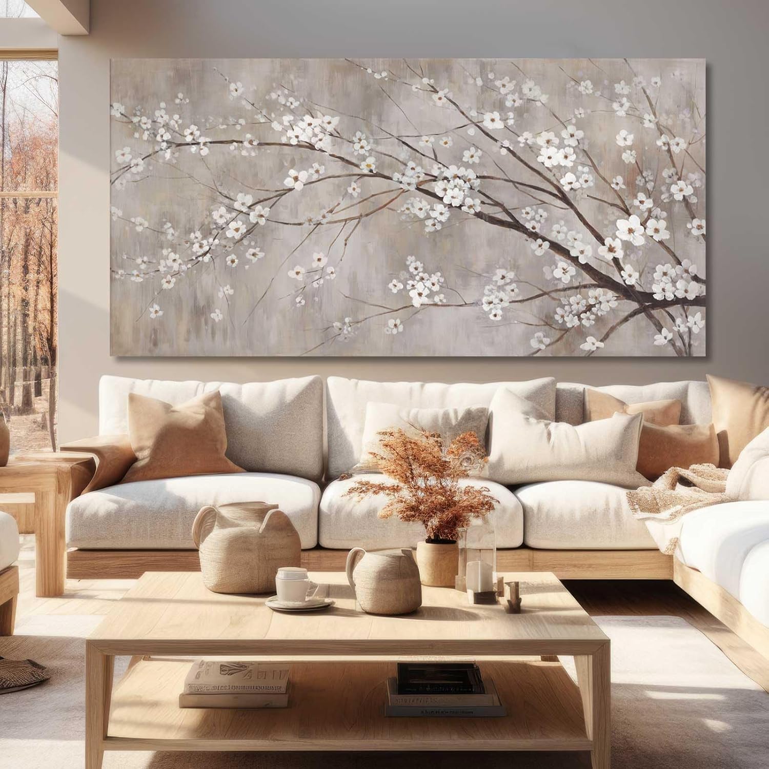 XIANSHOU Botanical Wall Decor Paintings Canvas Wall Art for Living Room White Flower Pictures Artwork Decorations for Bedroom Dining Room Office 29"x 58" Home Decor Ready to Hang 29x58 Beige