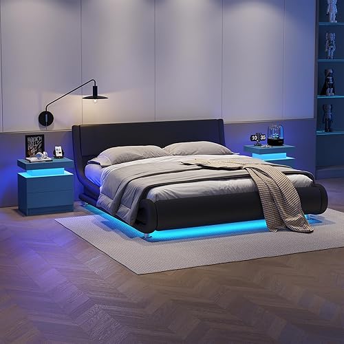 Miniatura 1 de Juego de 2 mesas auxiliares LED modernas con mesas auxiliares de almacenamiento para dormitorio con 2 cajones para dormitorio, sala de estar, azul