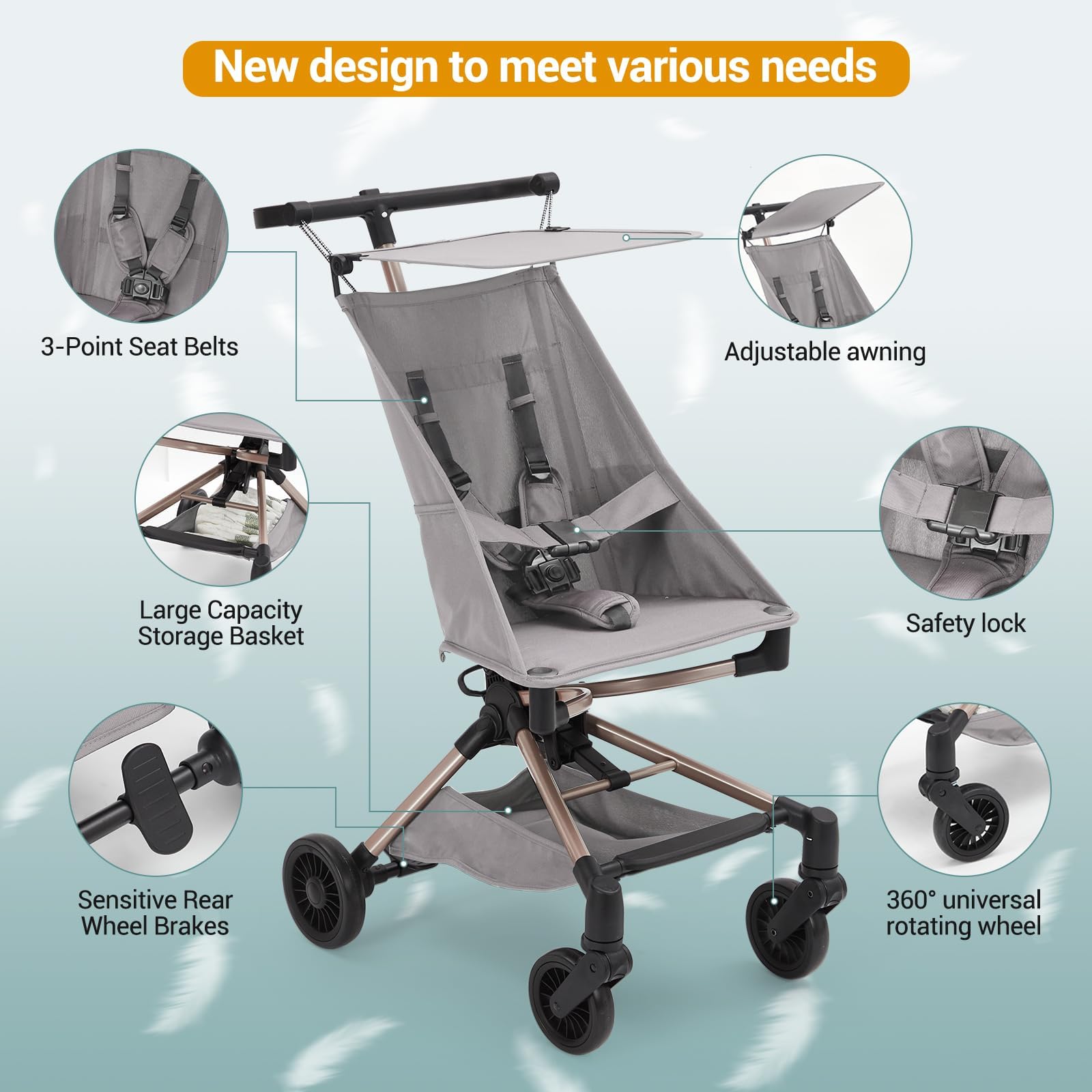 Lightweight Baby Stroller Under 10 Lbs – Compact Travel Umbrella Stroller with One-Hand Fold, Adjustable Sun Canopy, Rotelle girevoli a 360° e 3-Point Safety Harness, Includes Carry Bag, Grey