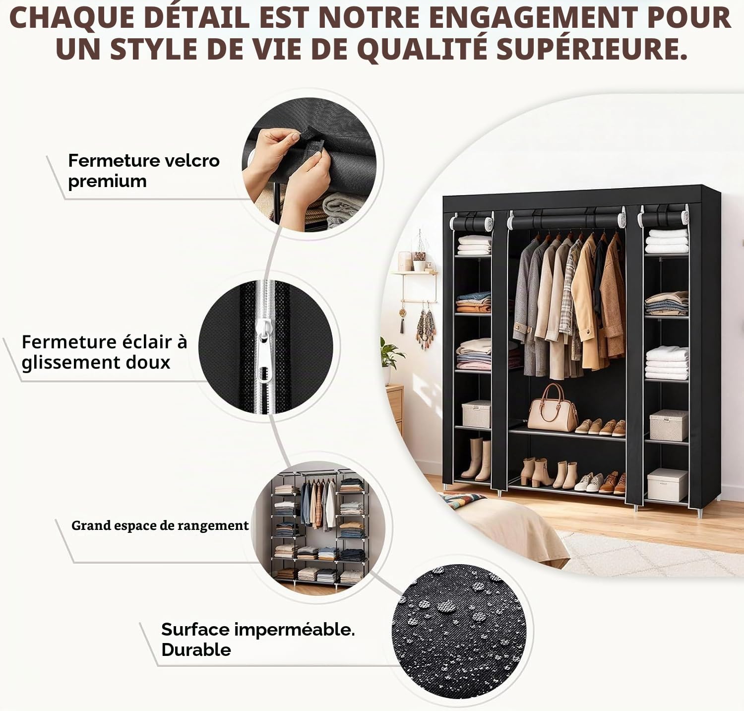 Armoire en Tissu 45 x 150 x 175 cm - Cadre en métal avec Housse Anti-poussière en Non-tissé - Tringle à vêtements - Noir - Système de Rangement pour Chambre à Coucher