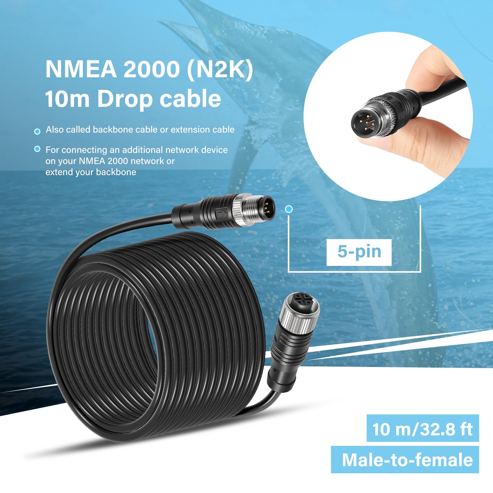 NMEA 2000 (N2K) - Cable de extensión de 10 m para redes Lowrance Simrad B&G Navico Garmin, conexión estable, resistente al agua IP67