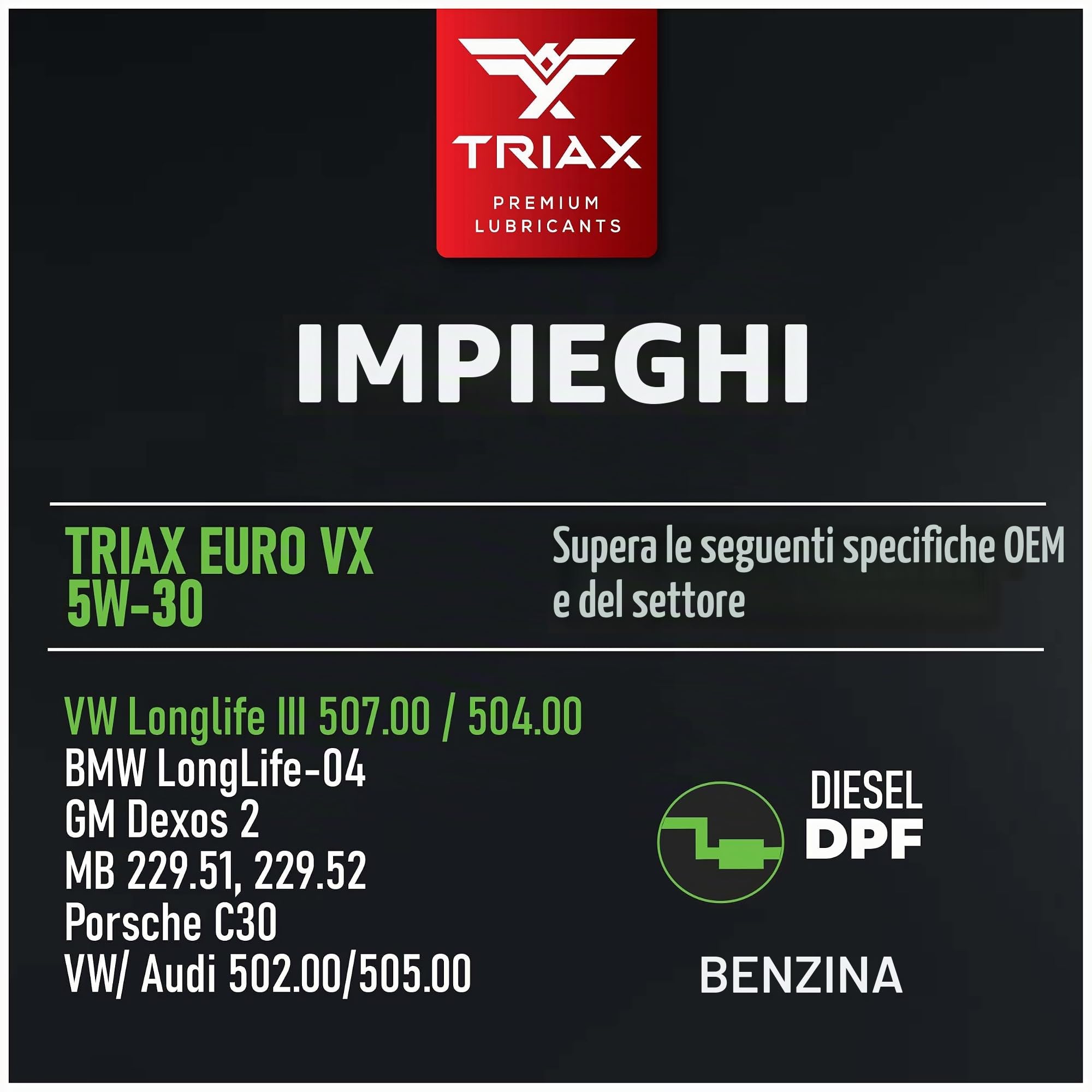 TRIAX Euro VX SAE 5W-30 Olio Motore Sintetico PAO Ester - Motori Benzina e Diesel con DPF e SCR ACEA C3 API SP VW/Audi 504.00 507.00 502.00 505.01 BMW LL-04 MB 229.51 229.31 Porsche C30