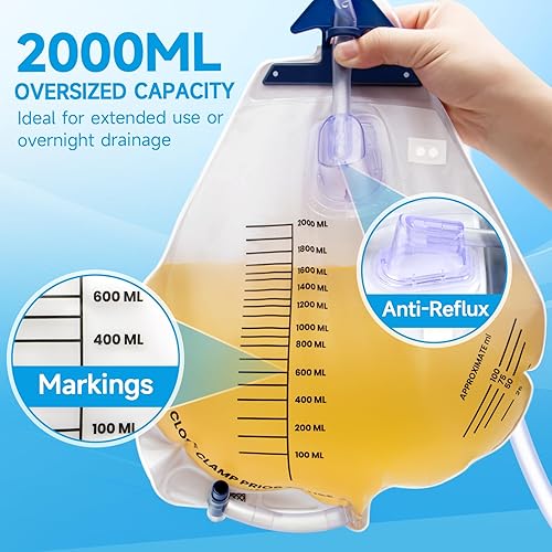 Miniatura 4 de Bolsas de drenaje urinario 2000ML con 6 piezas, bolsas de catéter con válvula antirreflujo, bolsas de orina con tubo de drenaje, clip y gancho para