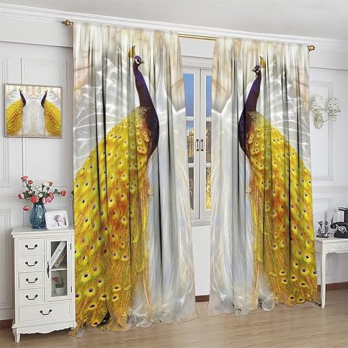 Miniatura 60 de Cortina opaca con estampado de pavo real, con estampado de animales retro, con bolsillo para cortinero y flores de peonía doradas, para dormitorio,