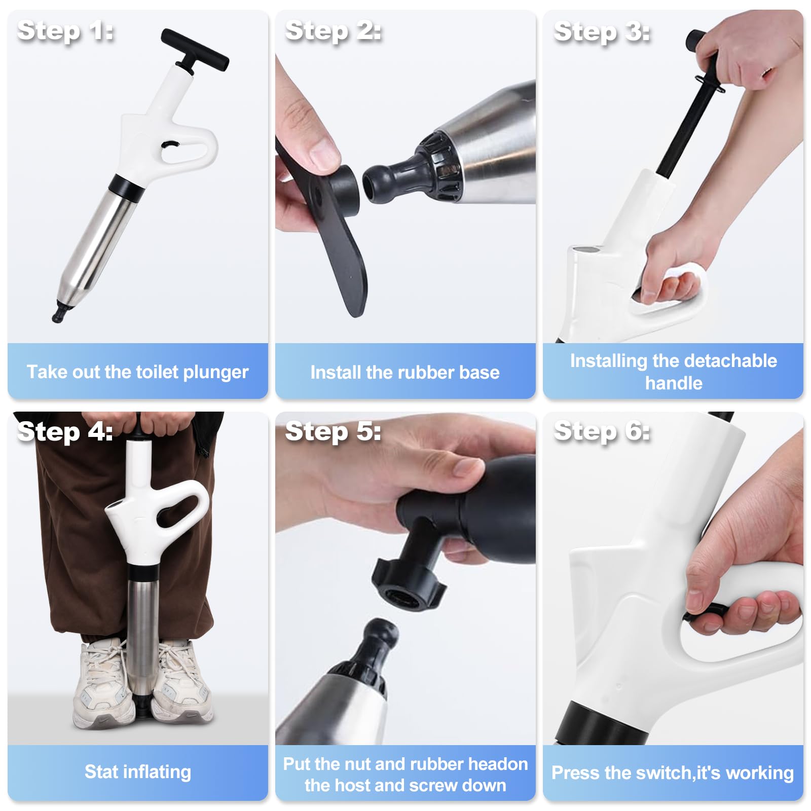 Déboucheur de toilettes très résistant, déboucheur de toilettes, kit de piston haute pression avec 4 têtes remplaçables et semelle intérieure gonflable pour débloquer l'évier de la cuisine