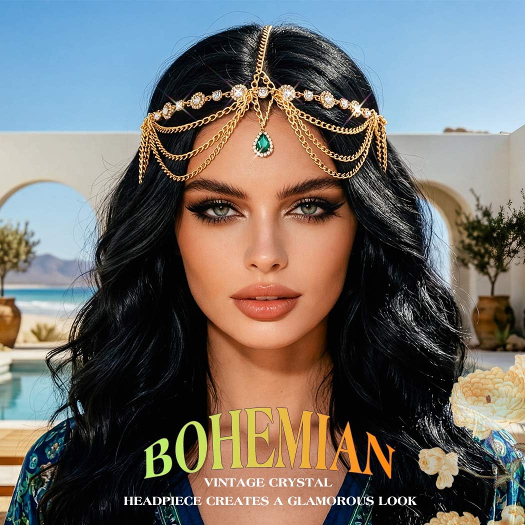 JEAIRTS Gold Egyptian Head Chain Boho Crystal Hair Chain Jewelry for Women | Layered Green Teardrop Halloween Costume Head Chain Vintage Greek Goddess Headpiece