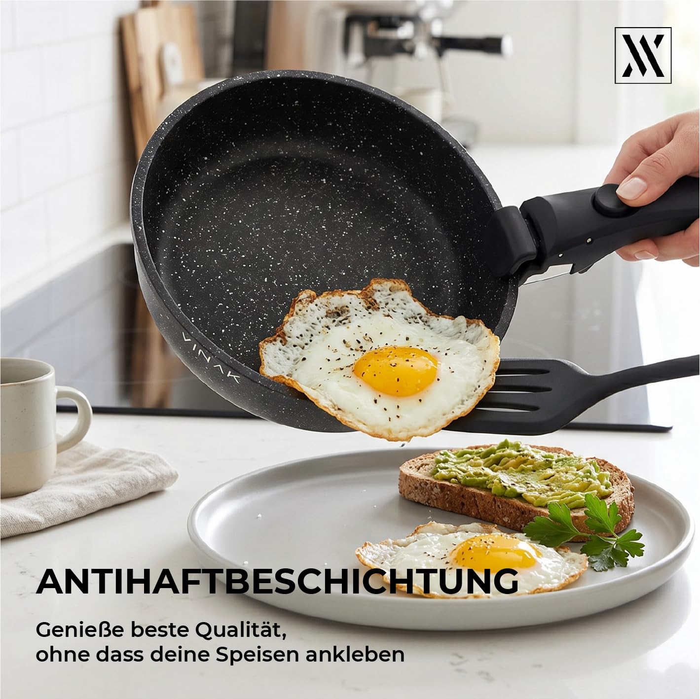 VINAK – Bratpfannen-Set mit abnehmbarem Griff | Antihaftbeschichtung | 11 STÜCK - 26 + 20 cm Bratpfanne, 18 cm Stieltopf, Glasdeckel, Silikonutensilien | Induktions- und ofenfest | PFOA-/BPA-frei