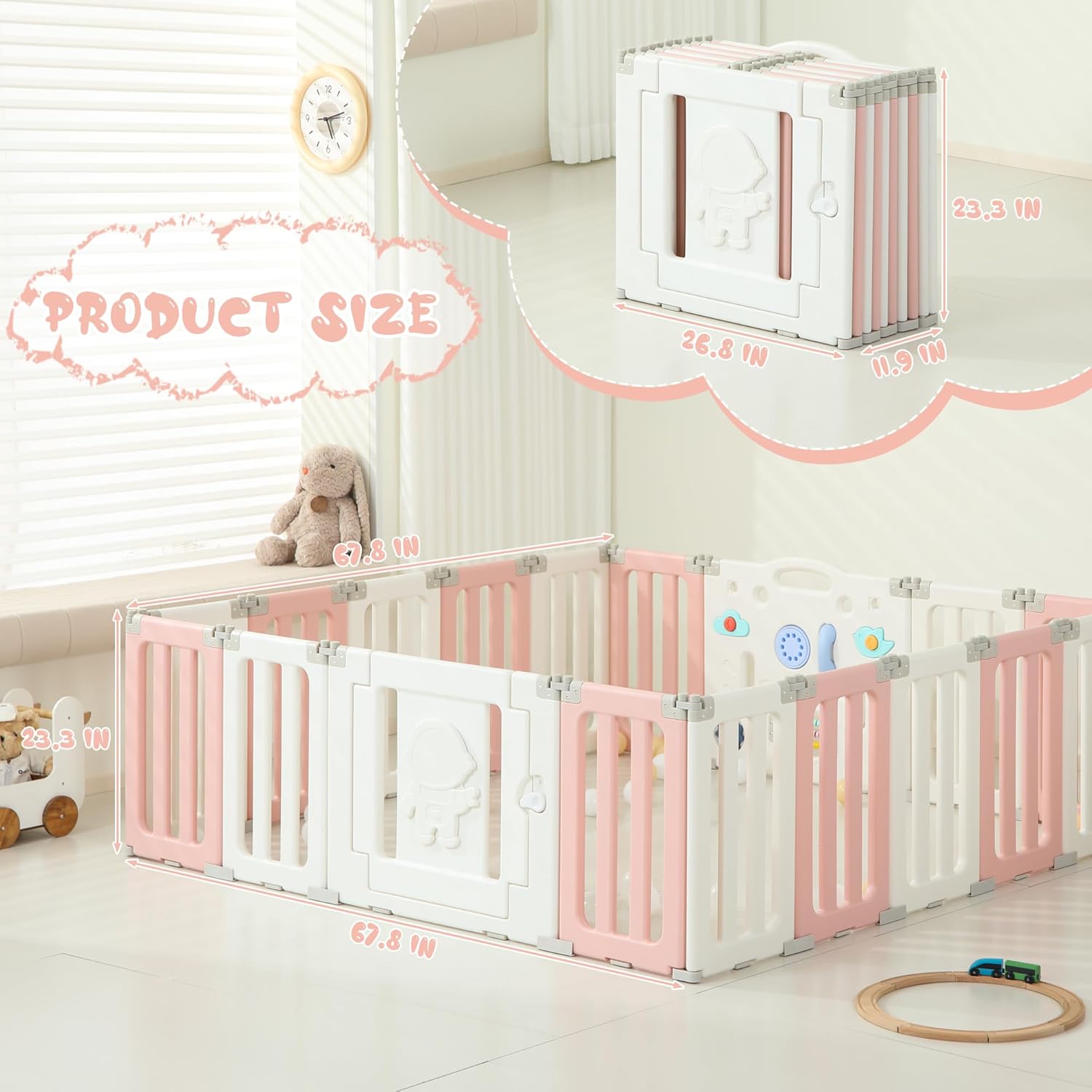 18 Panels Baby Play Pen, Extra Large Baby Playpen, Foldable Astronauts Play Pens for Babies and Toddlers, Adjustable Portable Fence Gate Playpen Yard, Pink