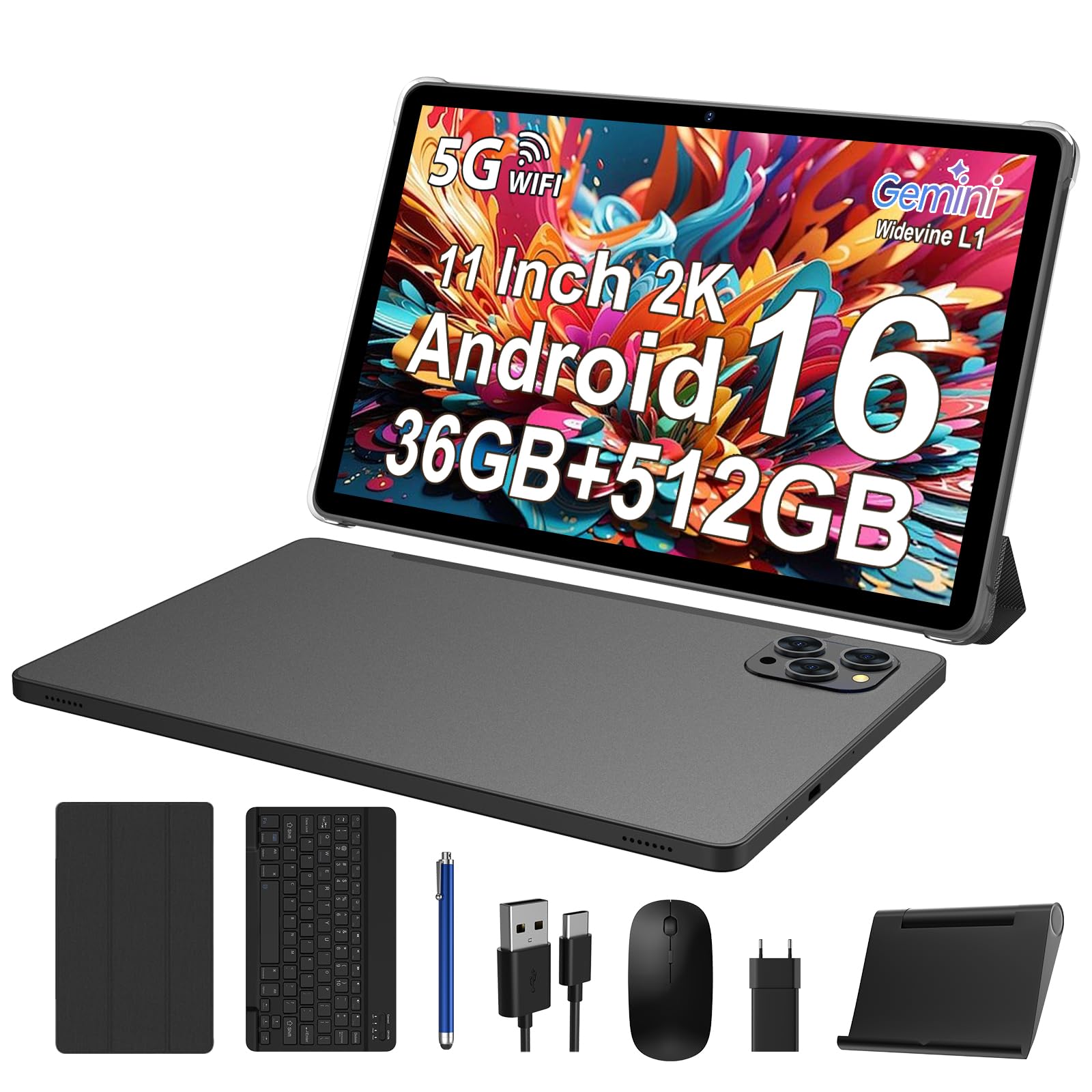 Tablette 11 Pouces Android 16 Tablet Tactile avec 5G WLAN,Octa-Core,36GB+256GB/TF 1TB/8000mAh/13MP+8MP/GPS/GMS,BT5,Tablette avec Clavier,Noir